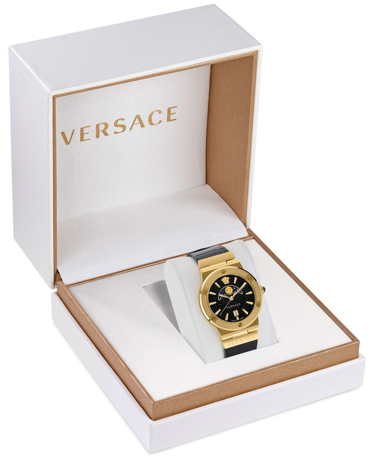 Shop Versace Women's Swiss Greca Logo Black Leather Strap Watch 38mm In Ip Yellow Gold