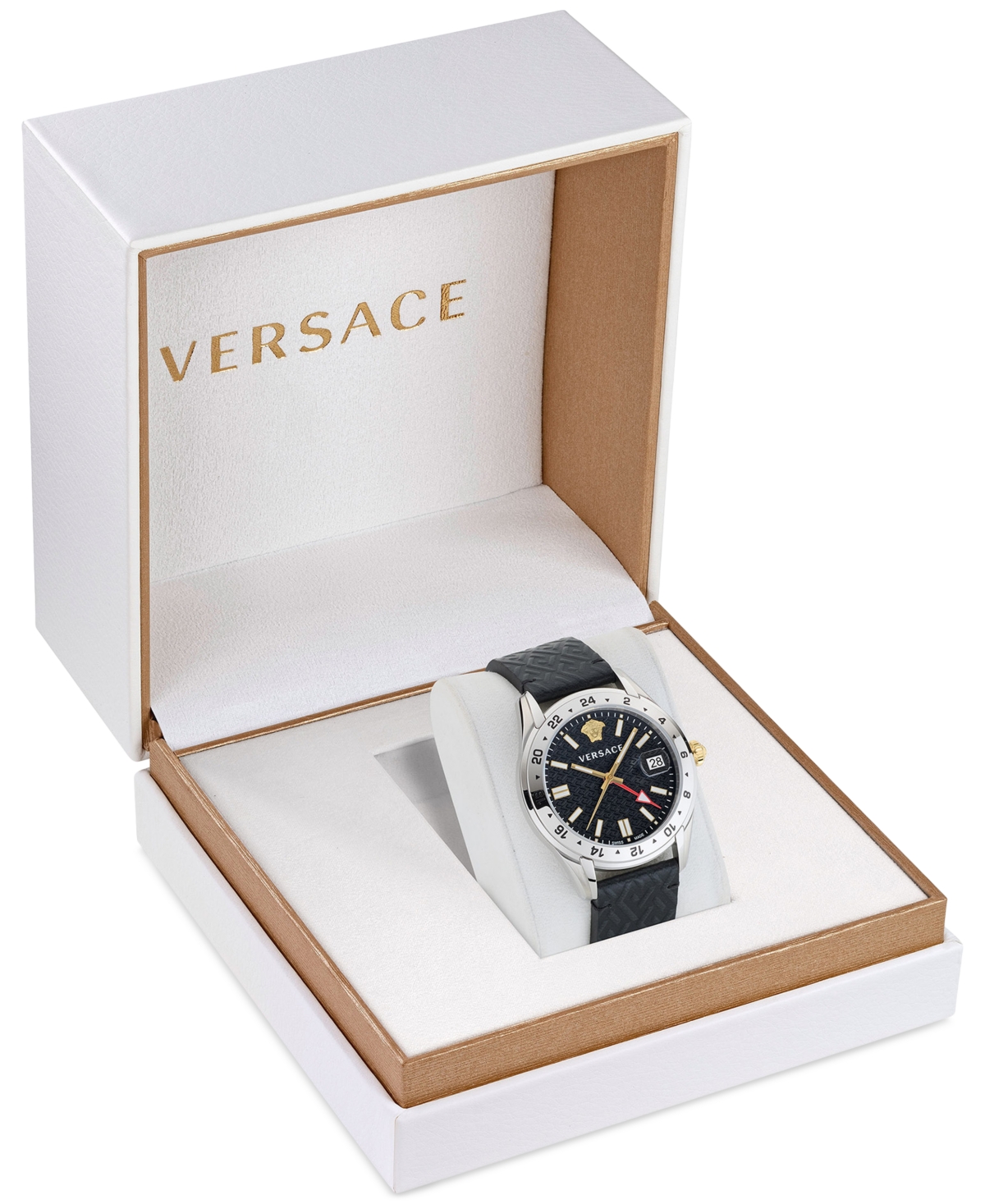 Shop Versace Men's Swiss Greca Time Gmt Black Leather Strap Watch 41mm In Stainless Steel