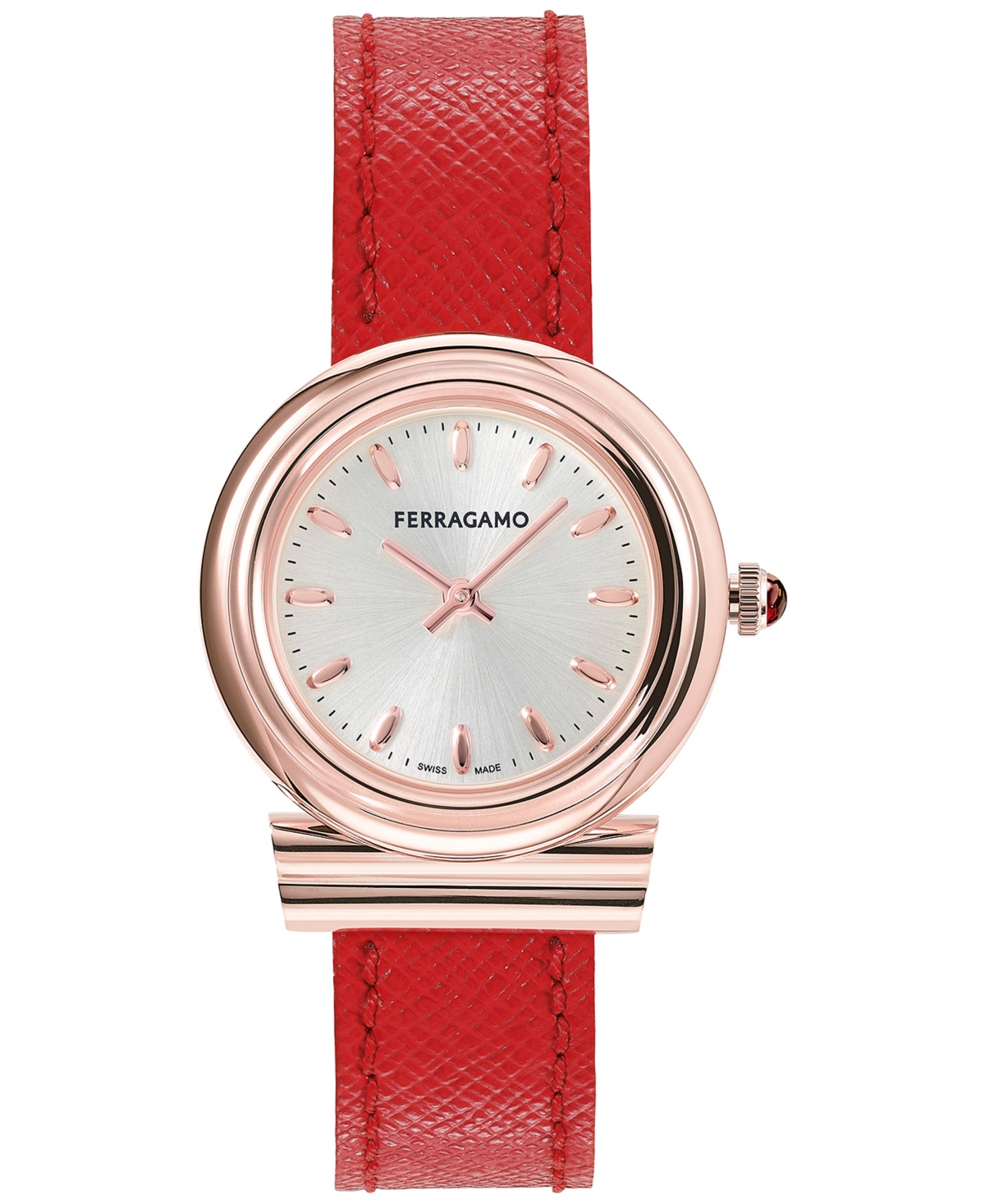 Salvatore Ferragamo Women's Gancini Swiss Red Leather Strap Watch 28mm - Ip Rose Gold