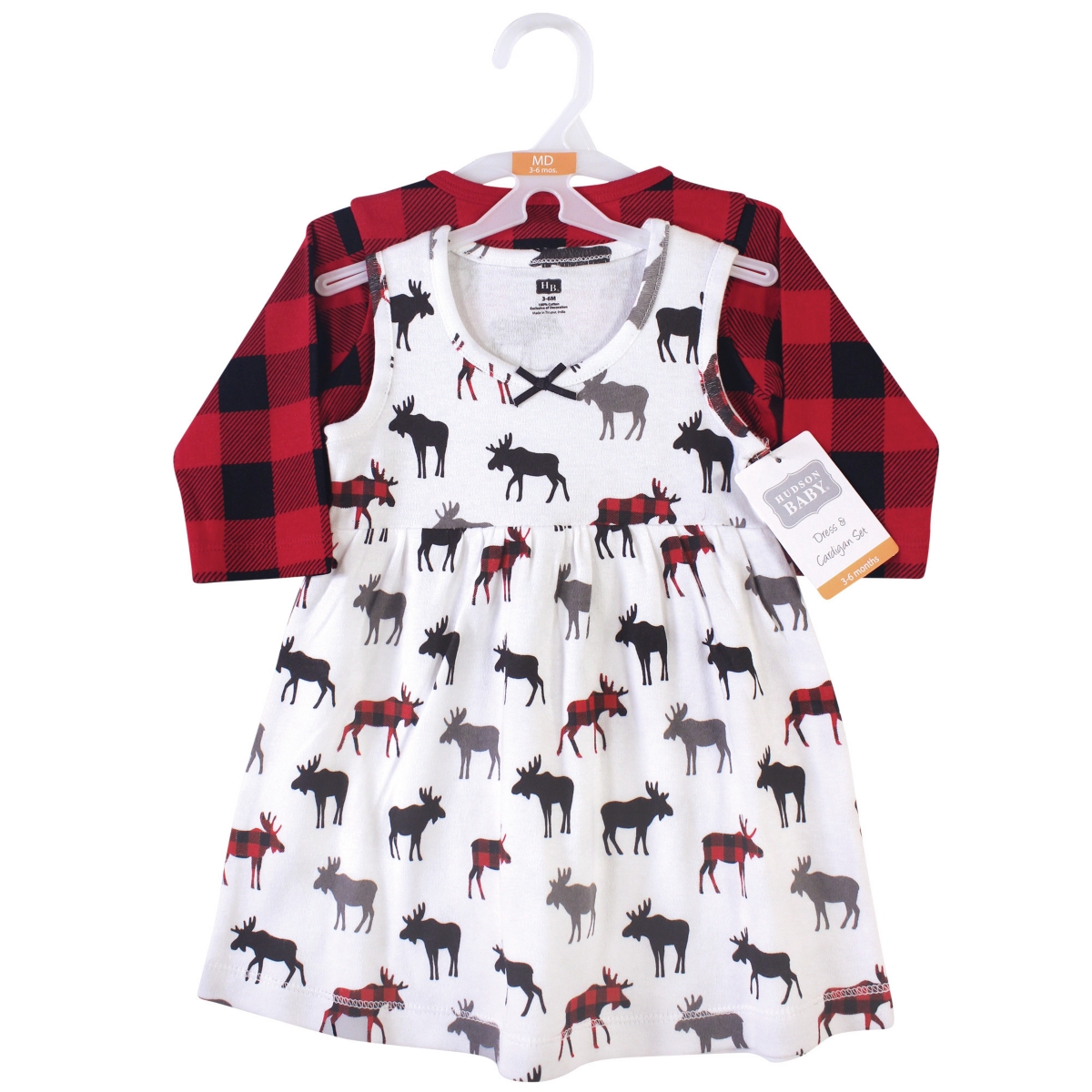 Hudson Baby Baby Girls Cotton Dress and Cardigan 2pc Set,- Buffalo plaid moose