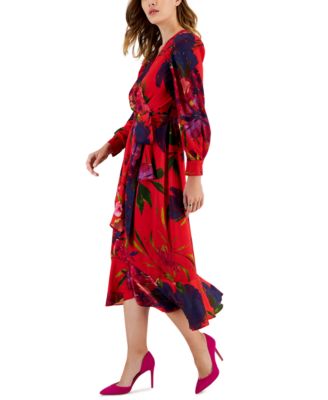 Tahari ASL Women's Floral Faux-Wrap Long-Sleeve Midi Dress - Macy's