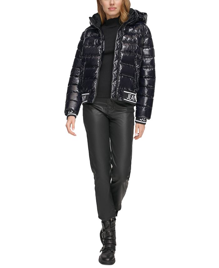 DKNY Jeans Women's Logo-Hem Hooded Shine Puffer Jacket - Macy's
