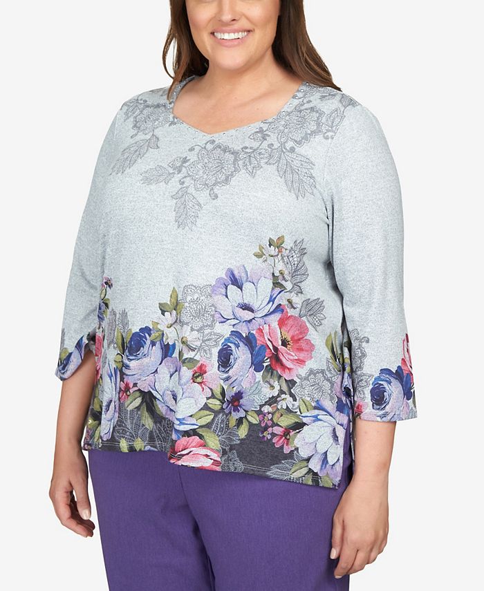 Alfred Dunner Plus Size Point of View Lacey Floral Border Melange Top ...