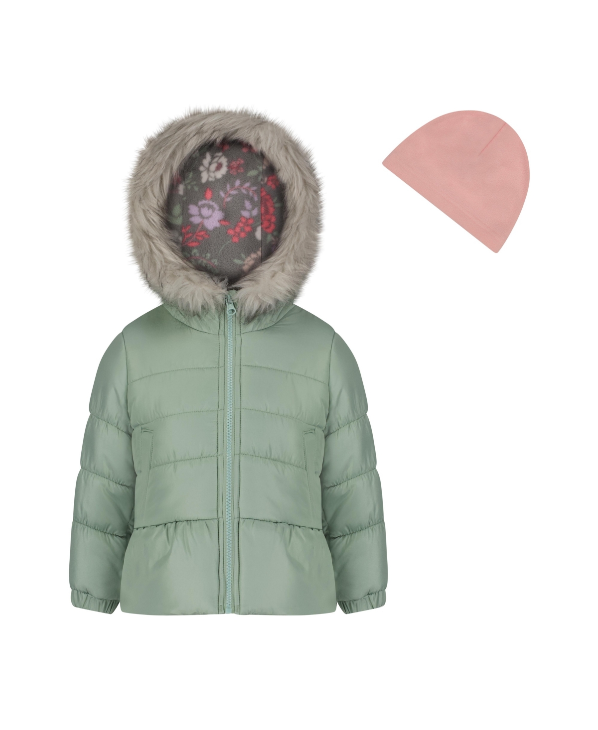 Weathertamer Toddler Girls Solid With Faux Fur Trim Jacket And Fleece Beanie Set In Sage Green