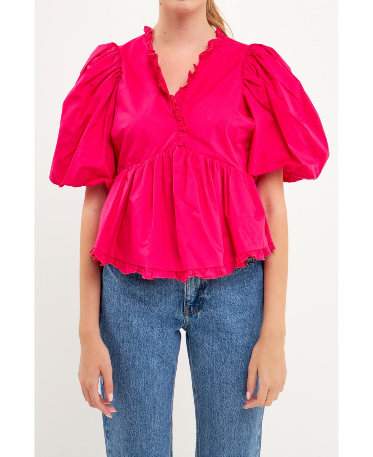 Endless Rose Ruffle Trim Puff Sleeve Peplum Cotton Top In Fuchsia