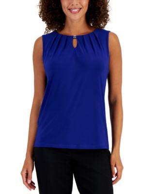 Kasper - Petite Pleated Keyhole-Neck Sleeveless Top