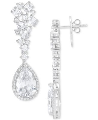 Cubic Zirconia Pear Halo Cluster Drop Earrings in Sterling Silver