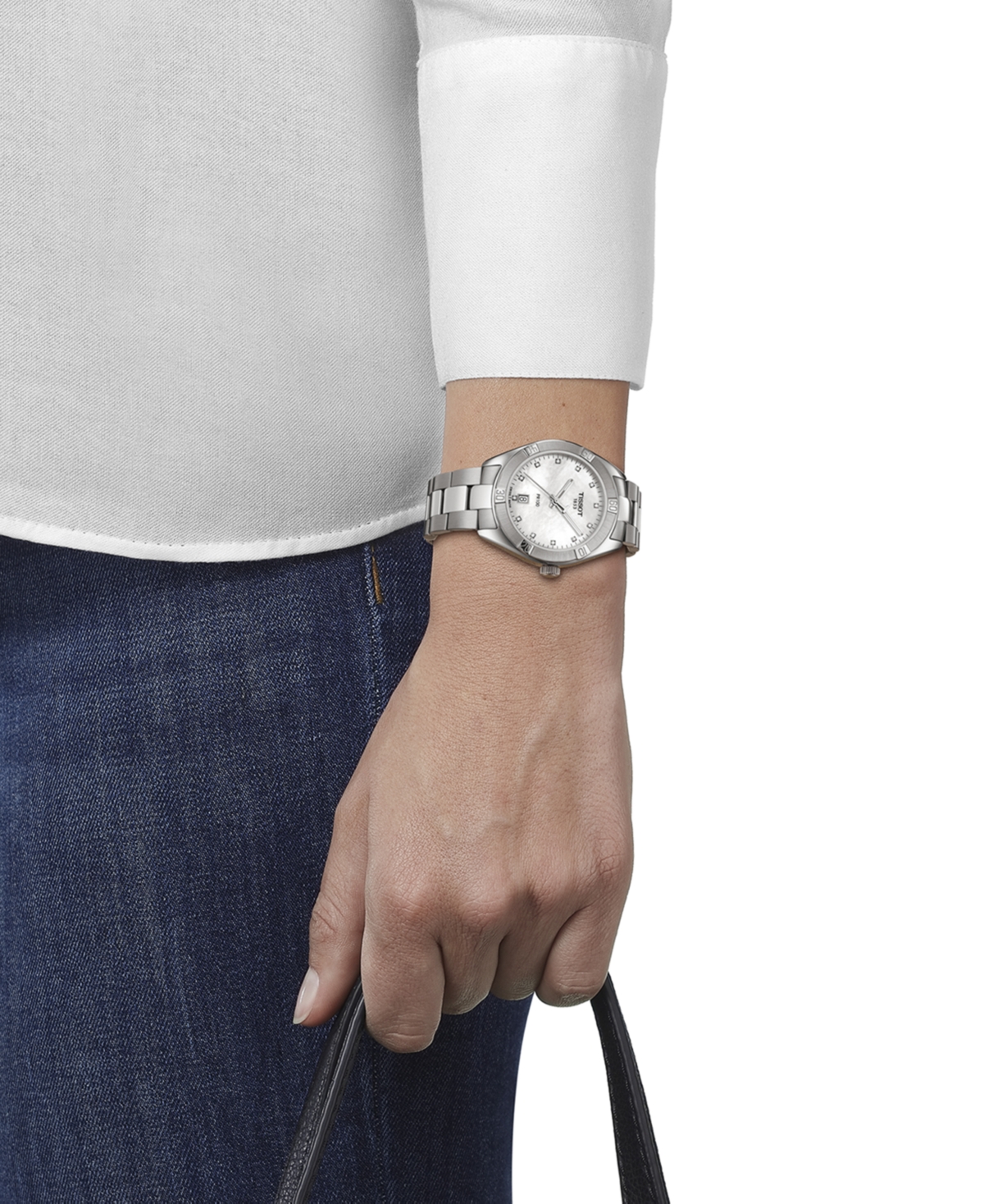 Shop Tissot Women's Swiss Pr 100 Sport Chic Diamond (1/20 Ct. T.w.) Stainless Steel Bracelet Watch 36mm In Silver
