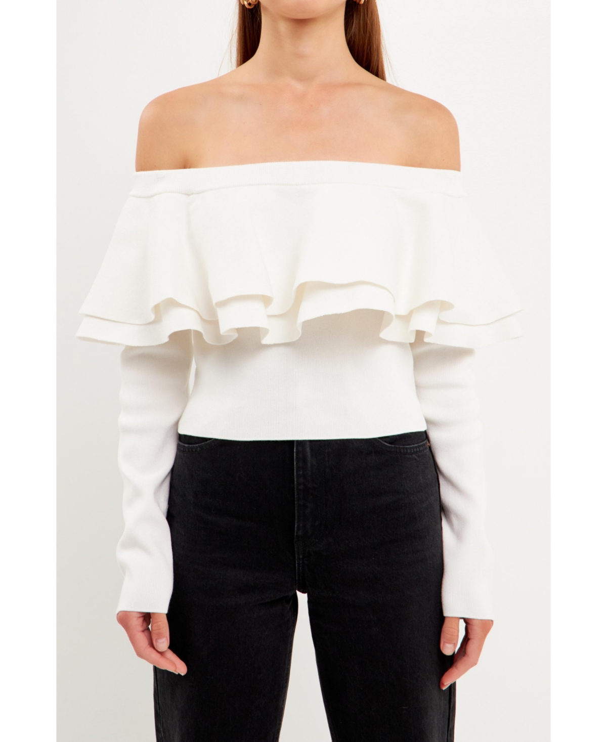 Endless Rose One-shoulder Ruffle Rib Knit Top In White