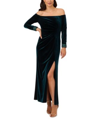 Adrianna Papell - Women's Velvet Off-The-Shoulder Beaded-Cuff Gown