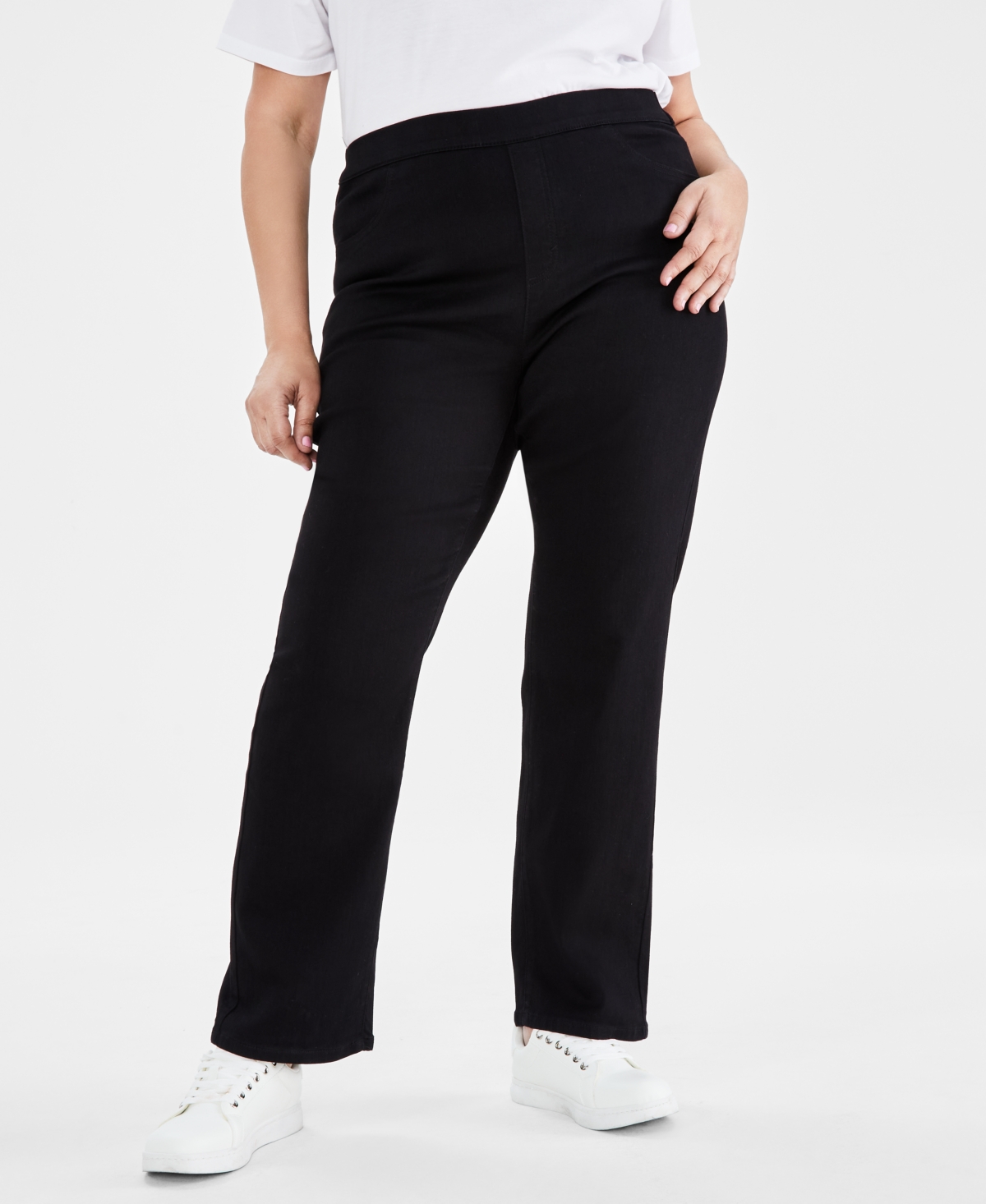 Shop Style & Co Plus Size Mid Rise Straight-leg Pull-on Jeans, Created For Macy's In Black Rinse