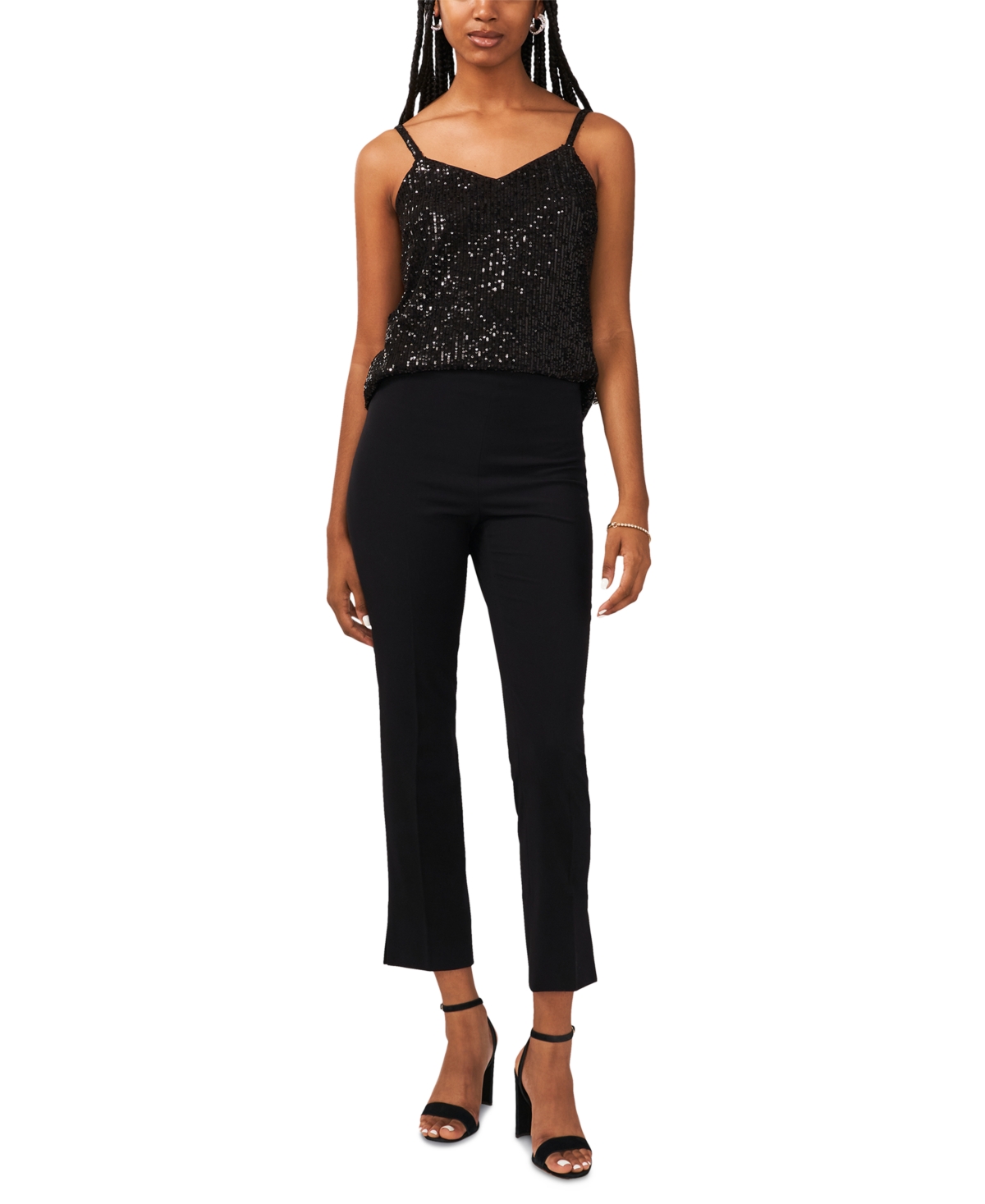 Msk Petite Sequined Slim-strapped Sleeveless Top In Black