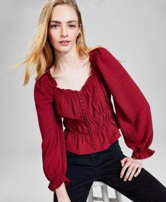 And Now This - Women's Dobby Dot Blouson-Sleeve Top