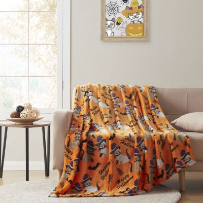 Oversized Halloween Orange Spooky Cats & Broomstick Ultra Soft & Plush Accent Throw Blanket - 50 in. W x 70 in. L