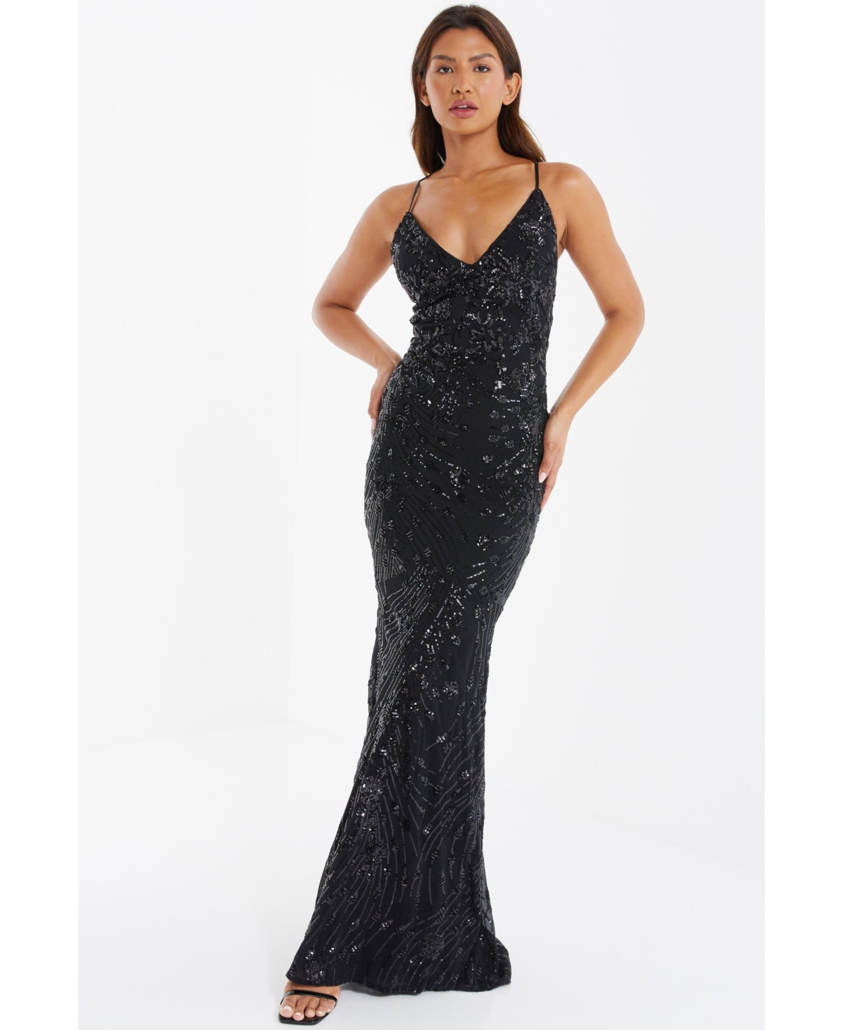 Quiz black sequin v neck maxi dress clearance