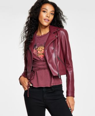 Red leather jacket guess on sale