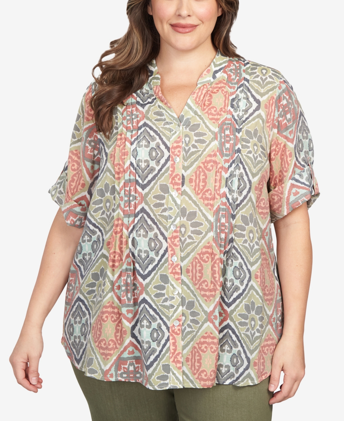 Ruby Rd. Plus Size Woodblock Diamond Print Button Front Top In New Sage Multi