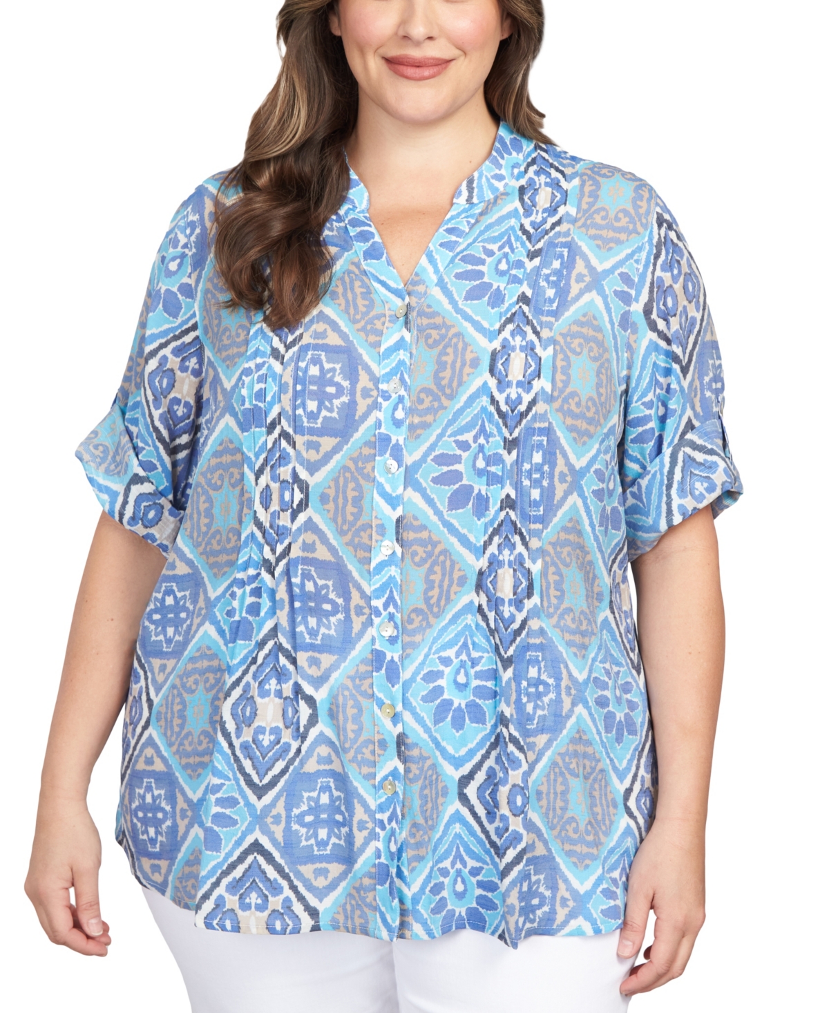 Ruby Rd. Plus Size Woodblock Diamond Print Button Front Top In Sapphire Blue Multi
