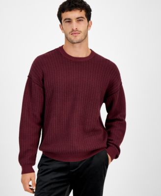 Burgundy Waffle Knit Crew Neck Long Sleeve Pullover Sweater 2024