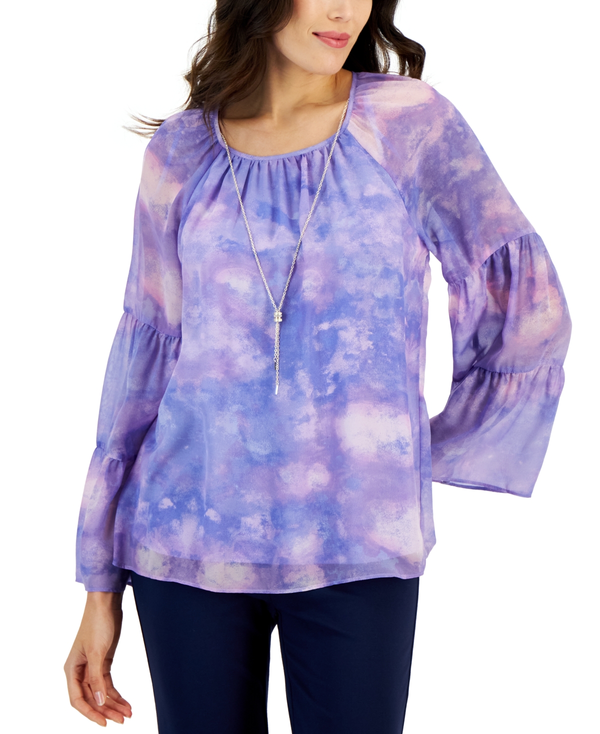 Women's New Year Tie-Dyed Necklace Top, Created for Macy's - Light Lavendar Combo