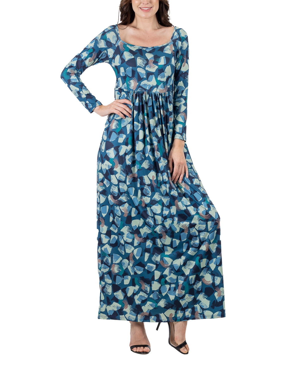 Shop 24seven Comfort Apparel Women's Abstract Long Sleeve Pleated Maxi Dress In Blue Multi
