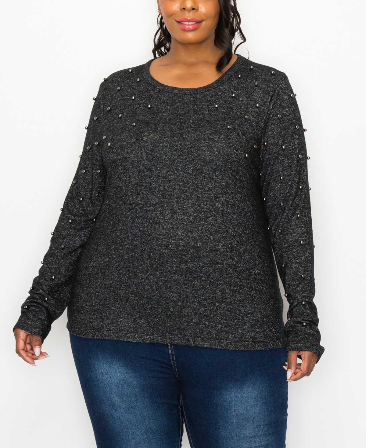 Coin 1804 Plus Size Cozy Long Sleeve Pullover Top With Gunmetal Studs In Charcoal