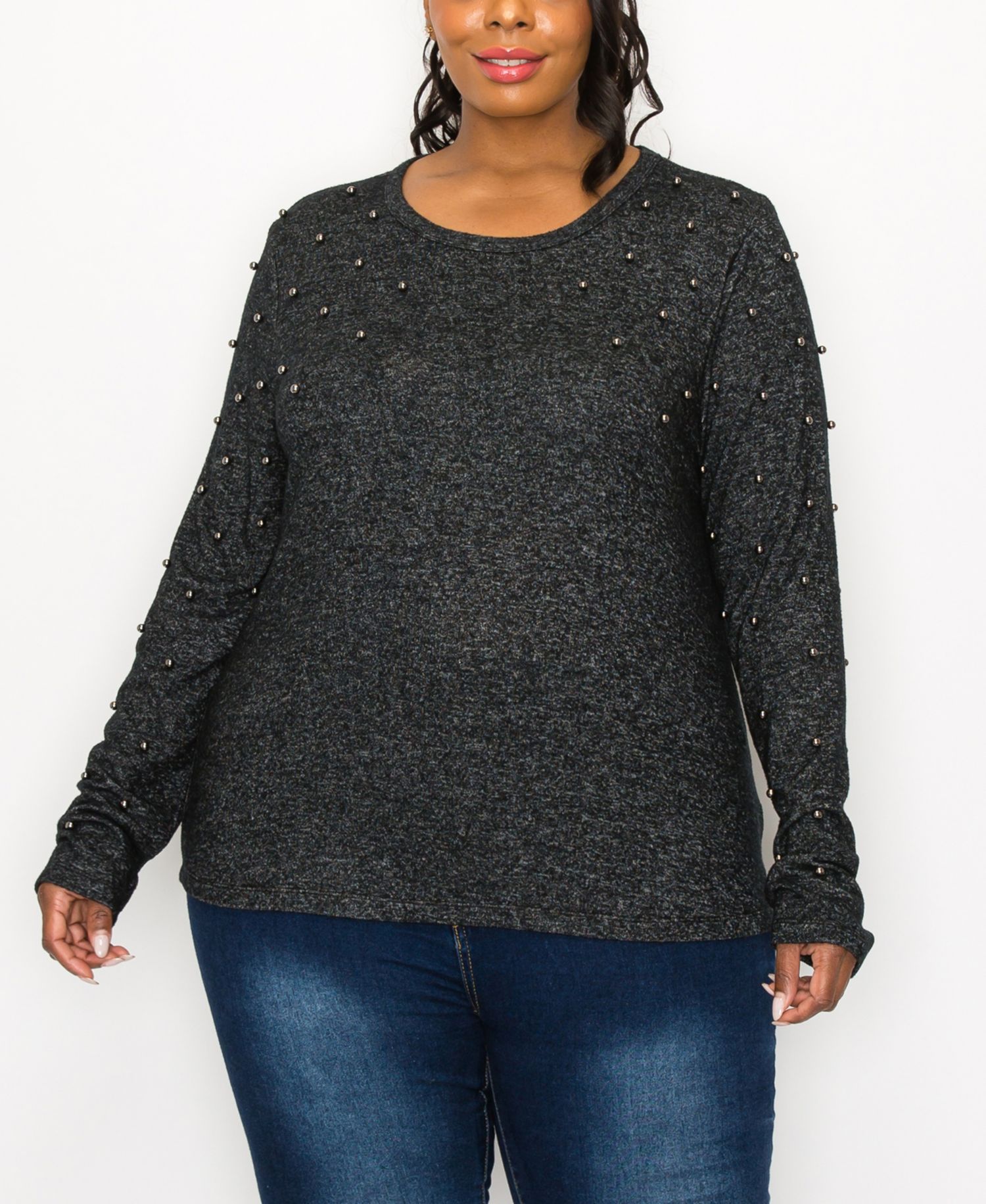 Plus Size Long Sleeve Pullover Top with Gunmetal Studs