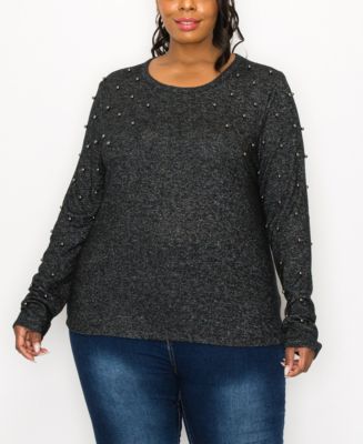 売れ筋商品|||コイン1804 パーカー・スウェットシャツ アウター レディース Plus Size Cozy Long Sleeve Pullover Top with Gunl Studs Charcoal COIN 1804 Plus Size Cozy Long Sleeve Pullover Top with