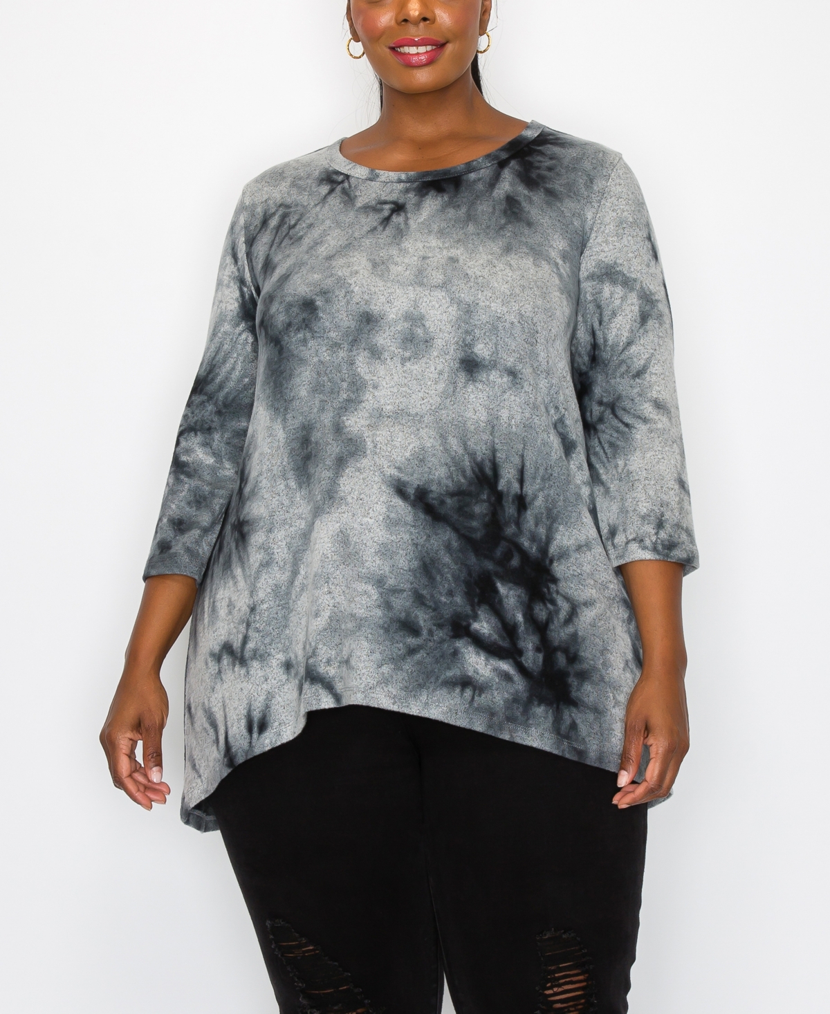 Coin 1804 Plus Size Tie Dye Cozy 3/4 Sleeve Button Back Top In Gray Black