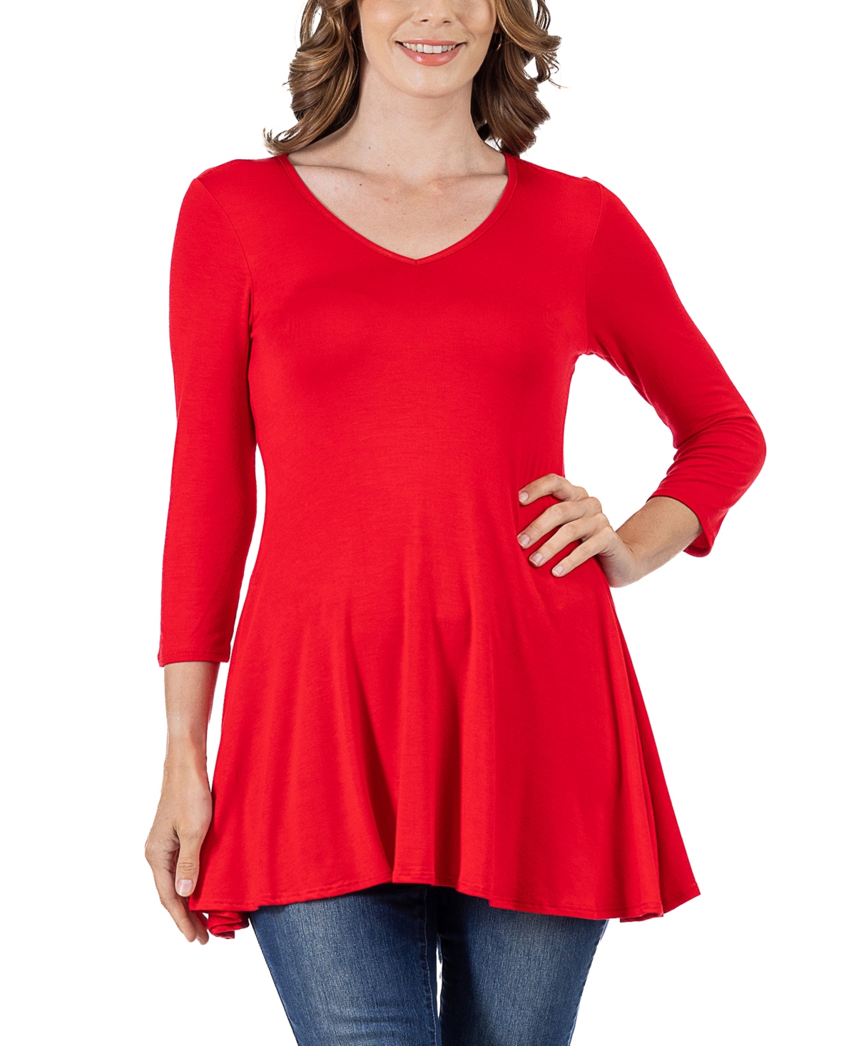 24seven Comfort Apparel Women's Three Quarter Sleeve V-neck Tunic Top In Red