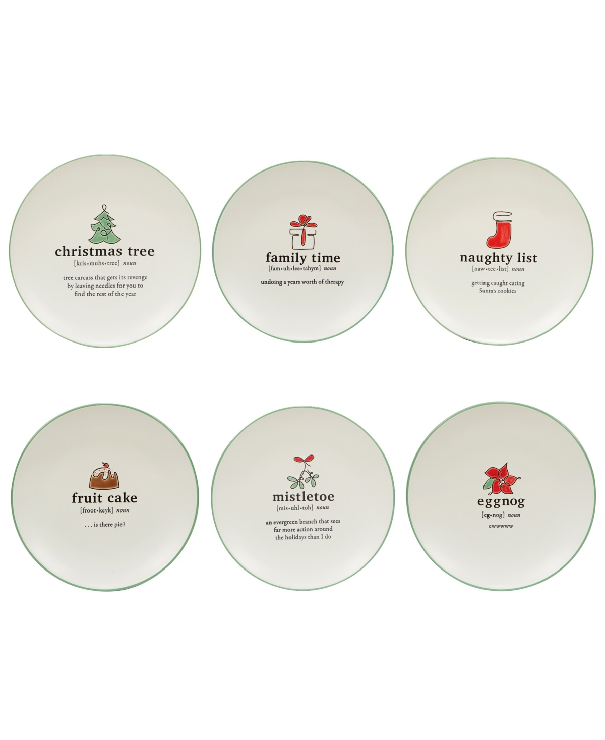 Christmas Fun Green Sayings 8.5" Dessert Plates Set of 6 - Multi