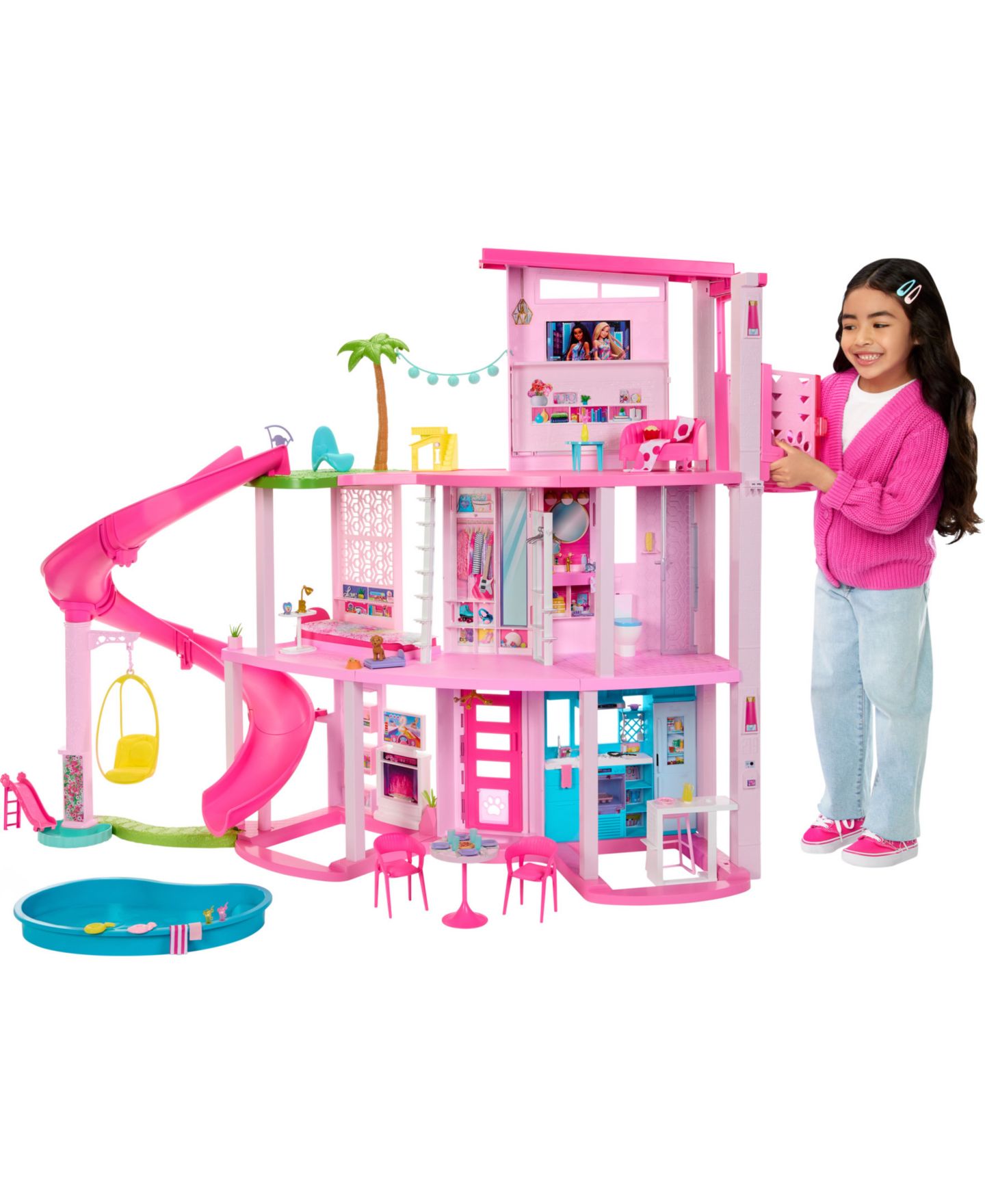 Детский кукольный домик Barbie Dreamhouse, 75+ Pieces, Pool Party Doll House With 3 Story Slide — фото 2