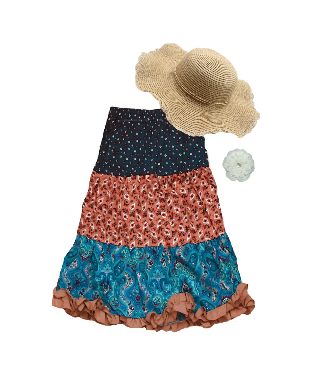 Mi Amore Gigi Child Girls Peasant Skirt And Hat With Hair Accessory In Dark Blue  Burnt Orange