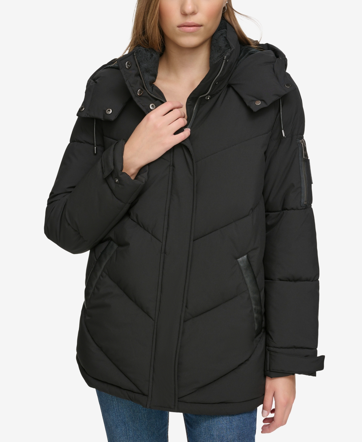 Women's Mid-Length Long-Sleeve Puffer Jacket - Black