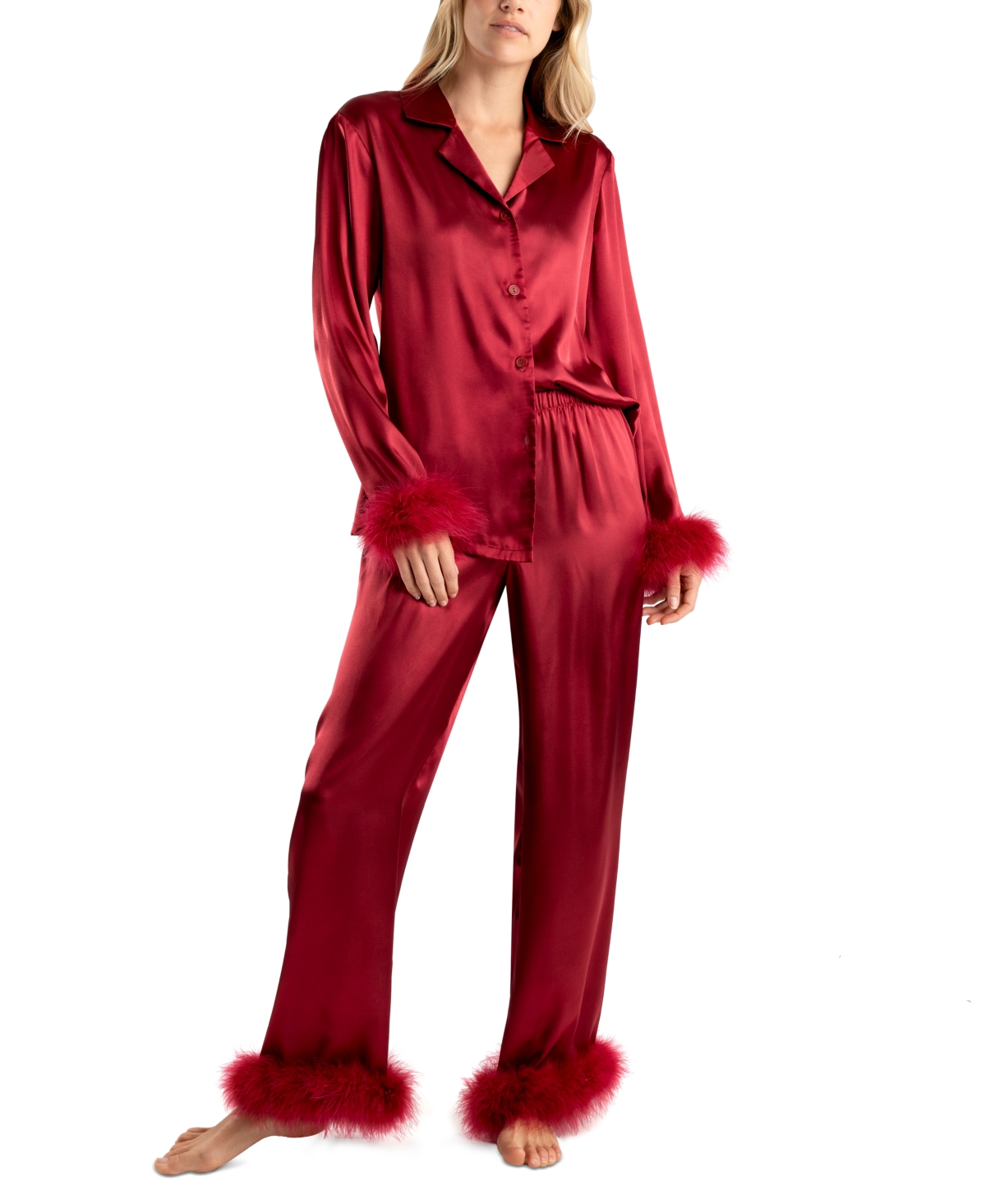 Linea Donatella Women's Marabou Feather Satin Pajama Set In Ruby