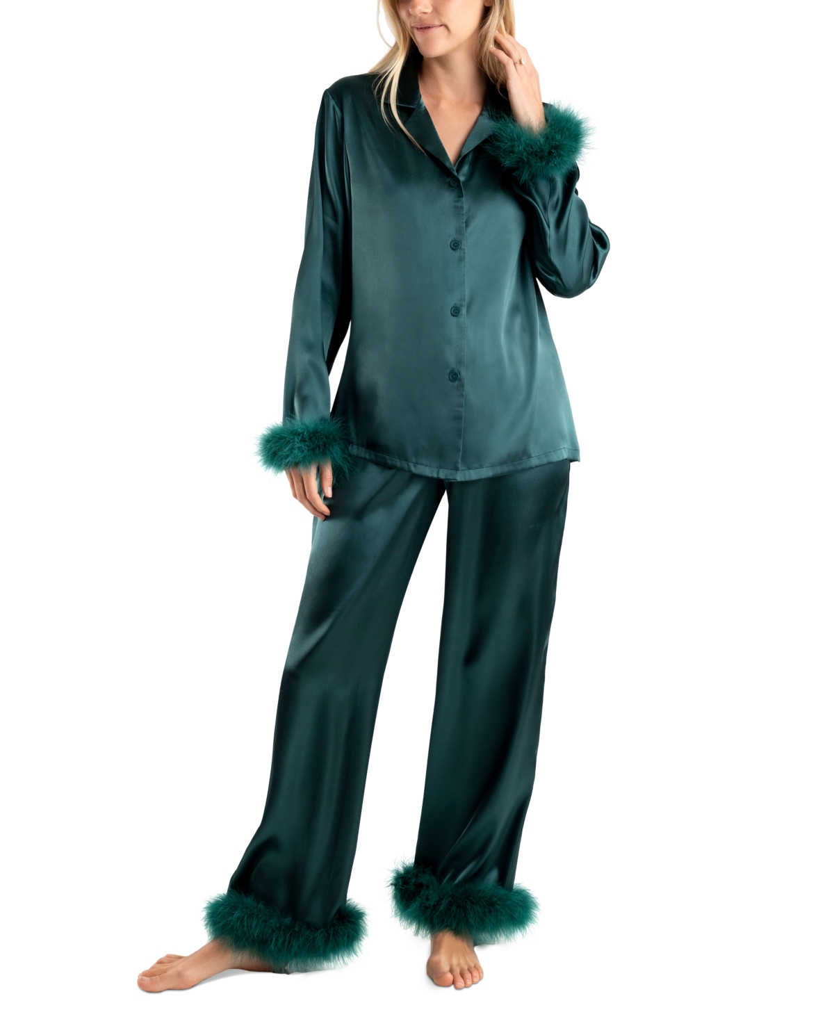 Linea Donatella Women's Marabou Feather Satin Pajama Set In Green