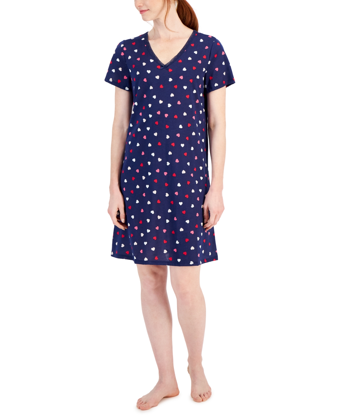 Women's Cotton Printed Lace-Trim Nightgown, Created for Macy's - Multi Hearts
