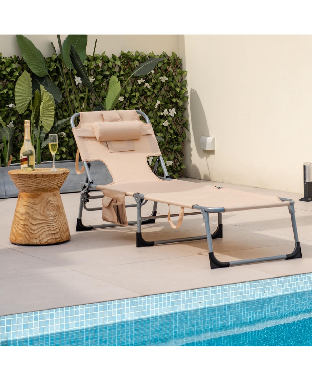 Outdoor Beach Lounge Chair Folding Chaise Lounge with Pillow