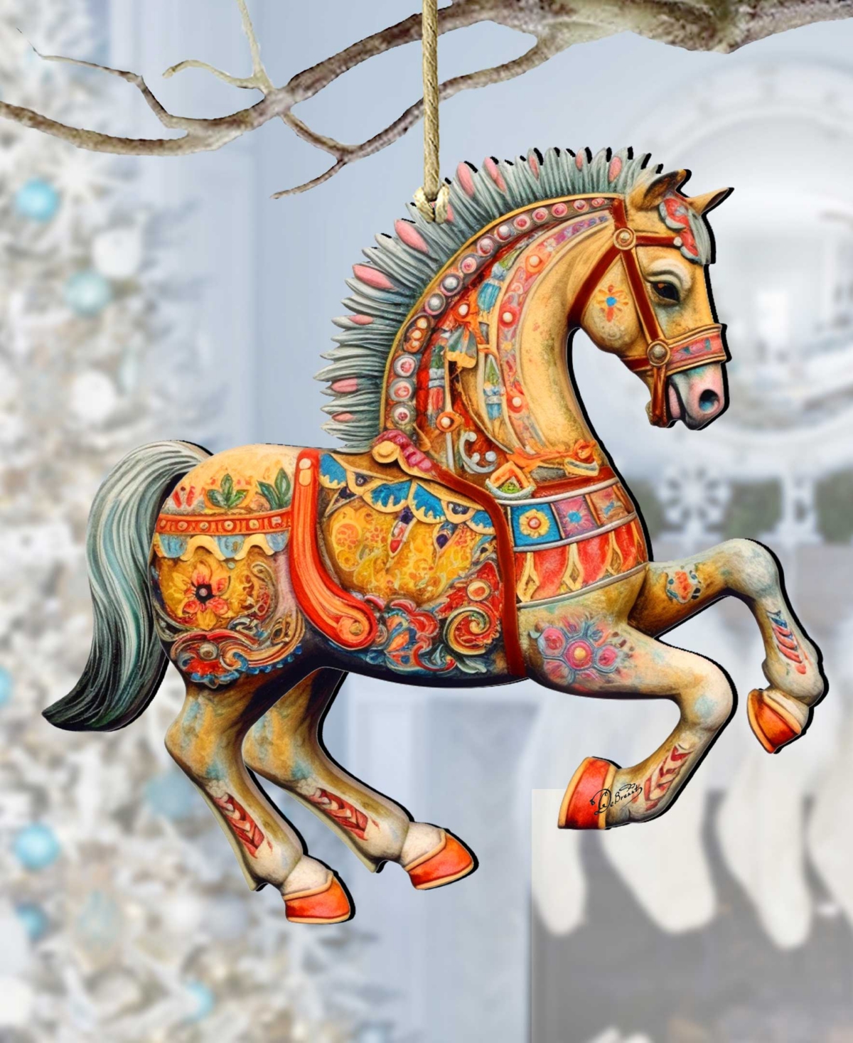Designocracy Carousel Horse Christmas Wooden Ornaments Holiday Decor G. Debrekht In Multi Color