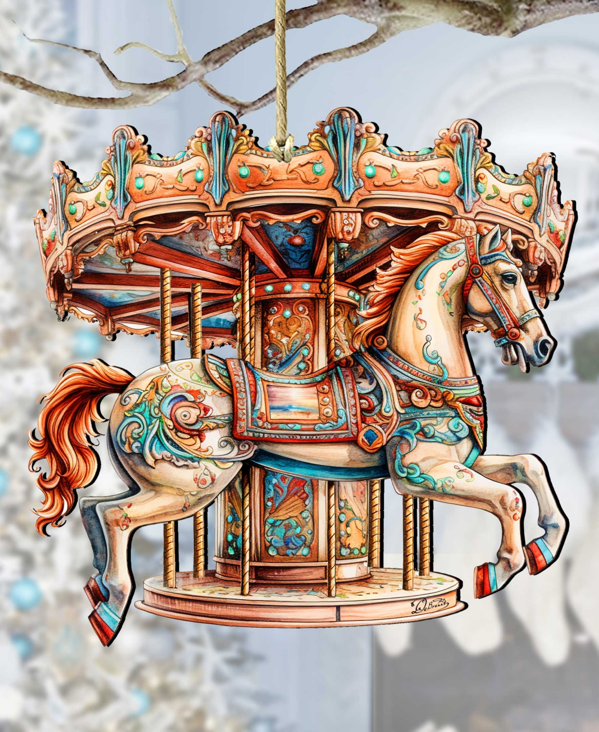 Designocracy Carousel Horse Christmas Wooden Ornaments Holiday Decor G. Debrekht In Multi Color
