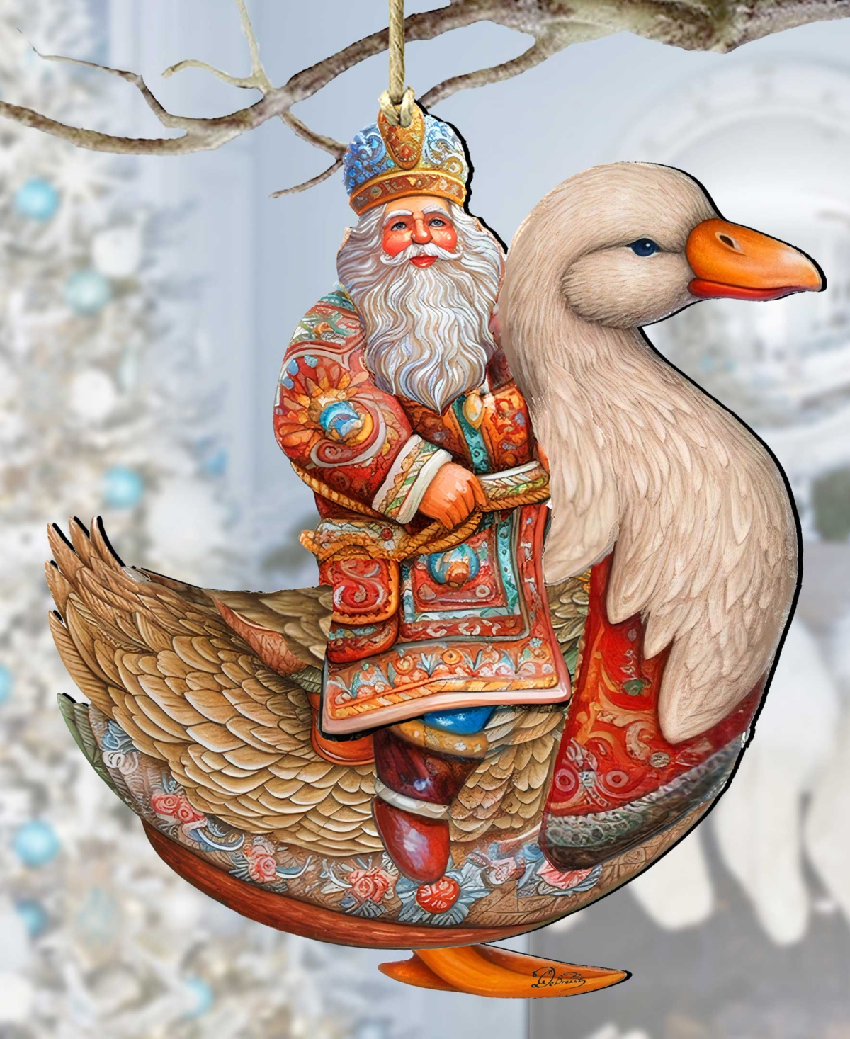 Designocracy Charming Santa On Goose Christmas Wooden Ornaments Holiday Decor G. Debrekht In Multi Color