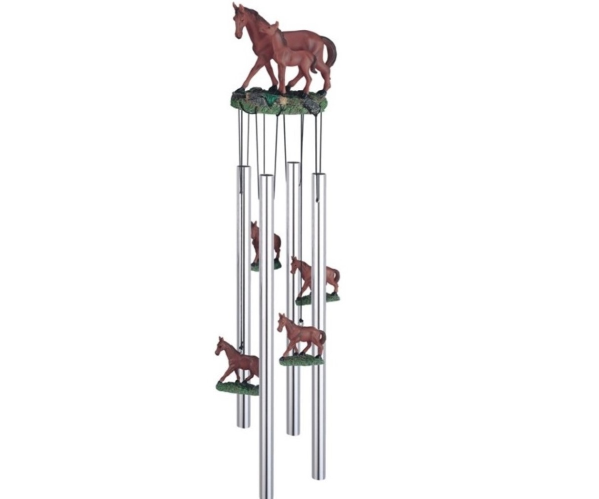 23" Long Round Top Brown Horse with Foal Wind Chime - Silver
