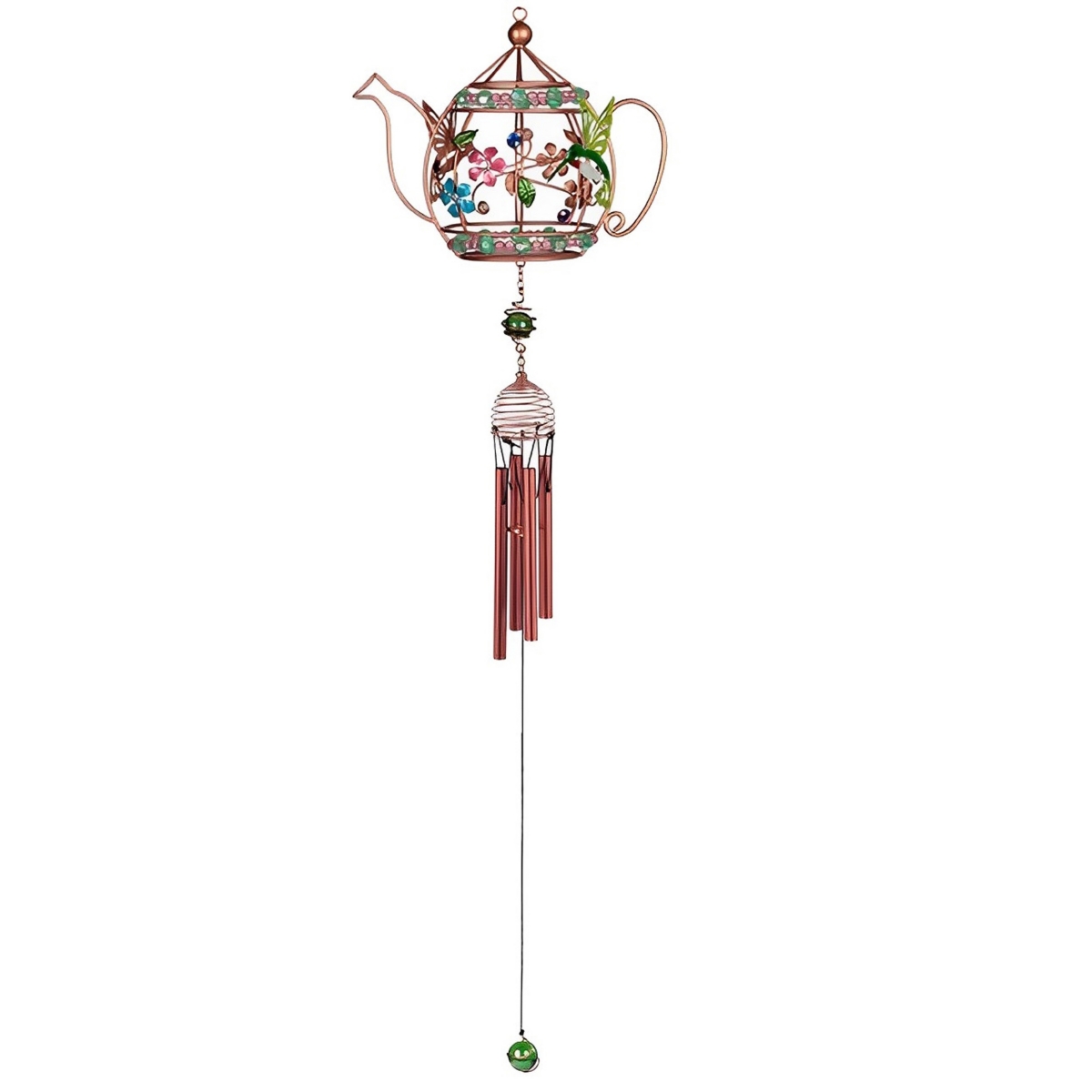 33" Long Hummingbird Copper and Gem Wind Chime in Teapot Shaped Home Decor Perfect Gift for House Warming, Holidays and Birthdays - Multi