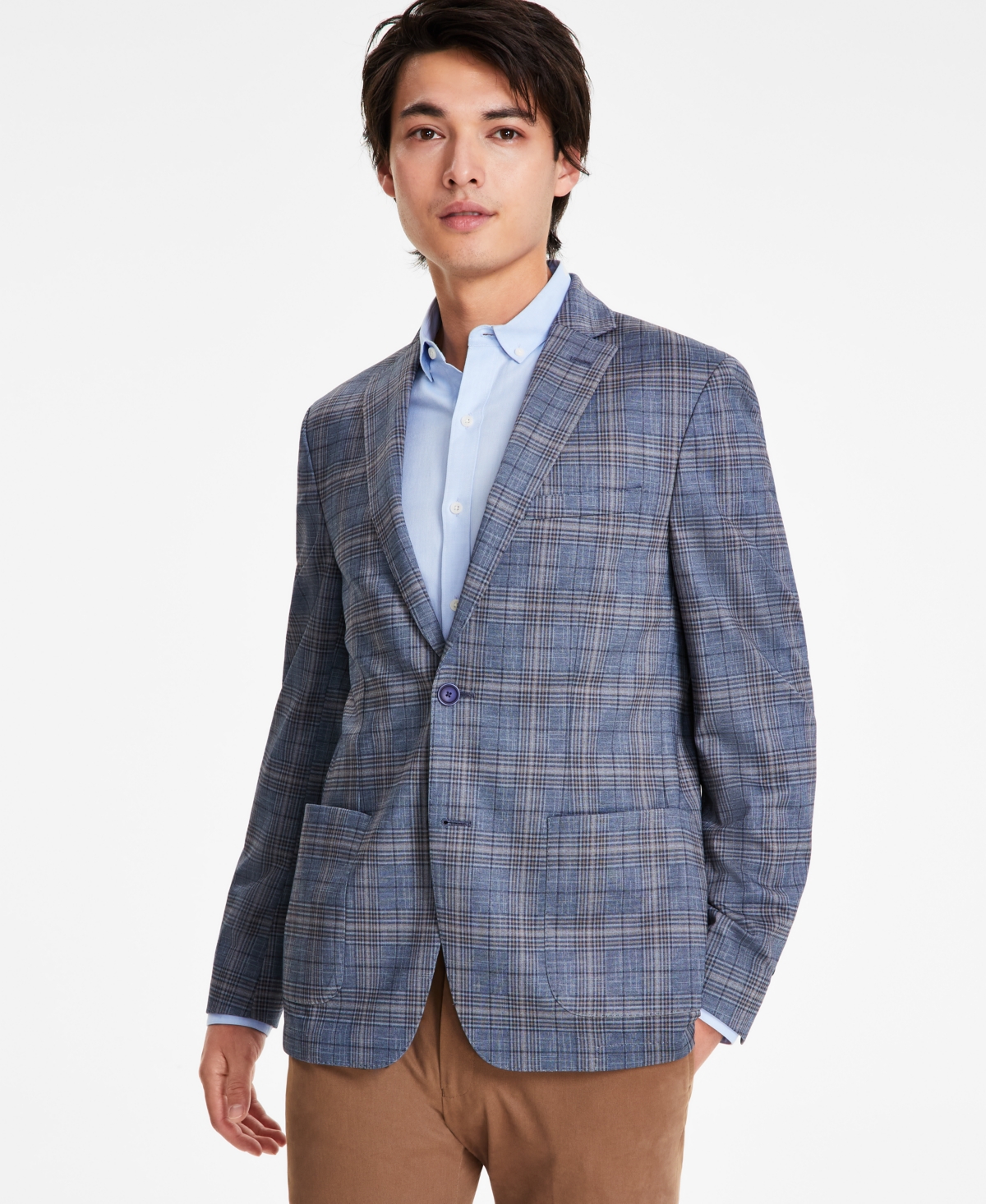 Men's Plaid Knit Slim-Fit Sport Coat, Created for Macy's - Blue Tan