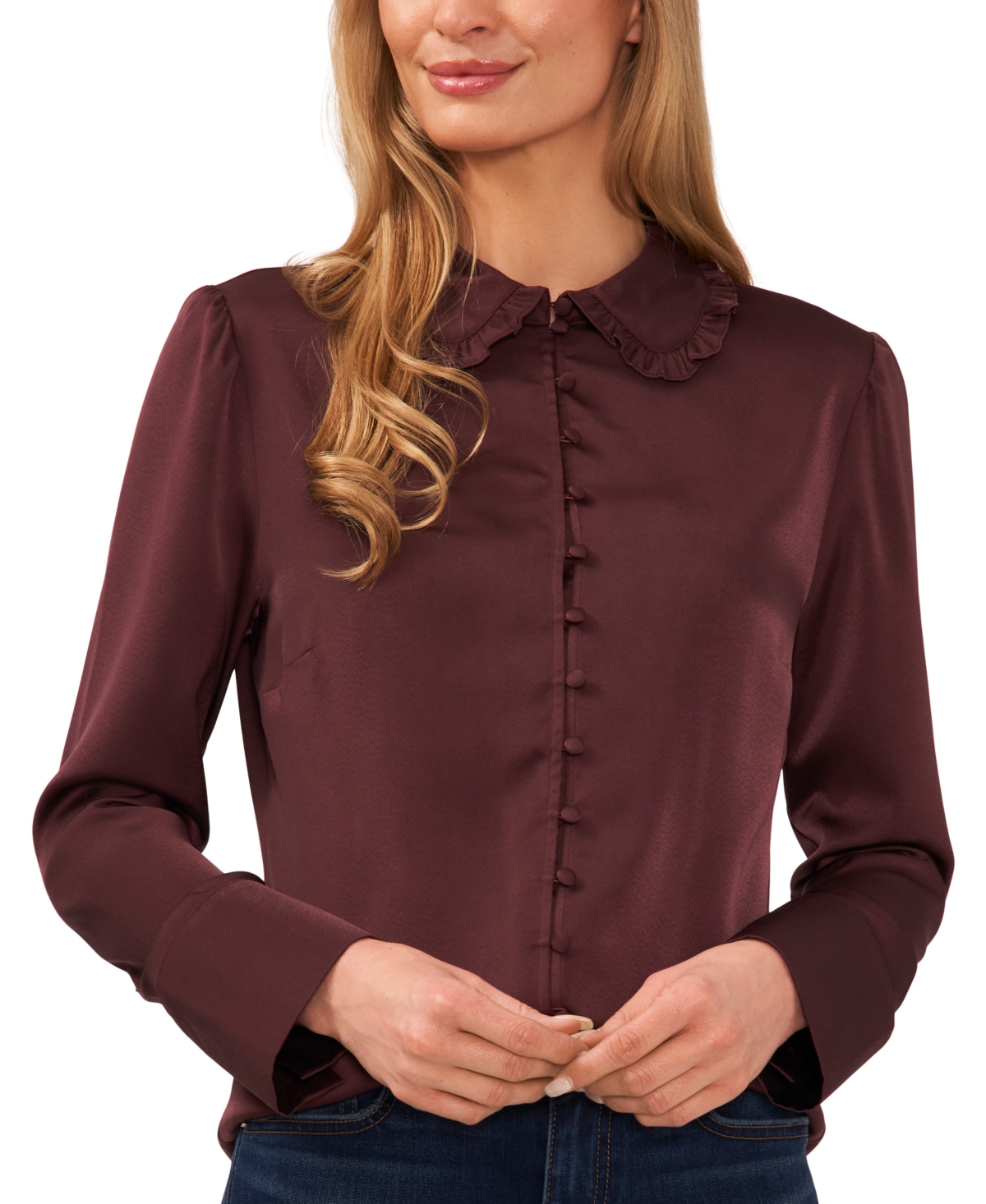 Cece Ruffle Collar Satin Button-up Blouse In Rich Cabernet