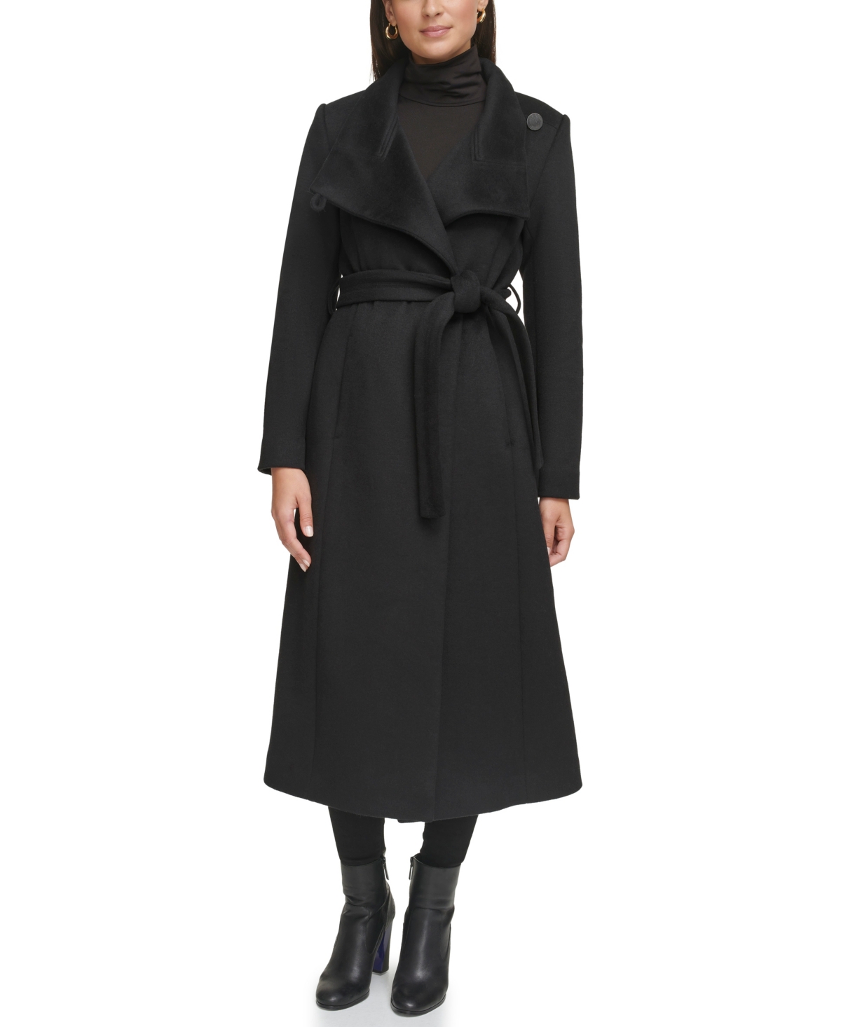 Women's Belted Maxi Wool Coat with Fenced Collar - Sage
