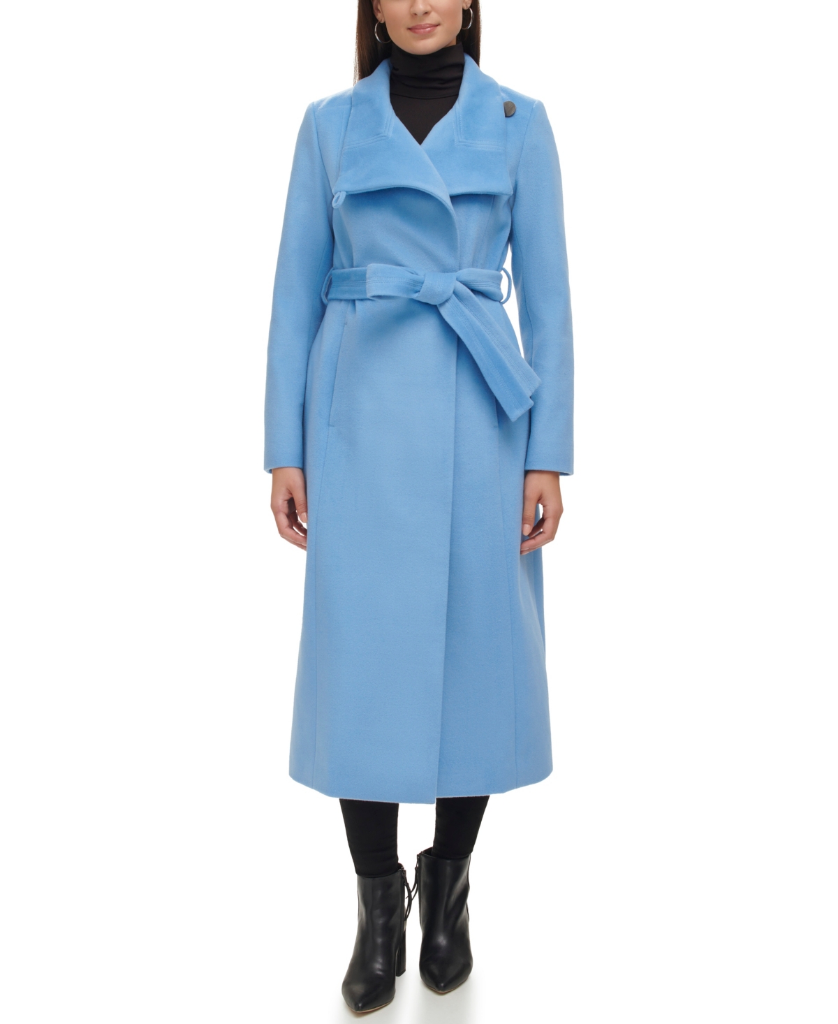 Women's Belted Maxi Wool Coat with Fenced Collar - Sage