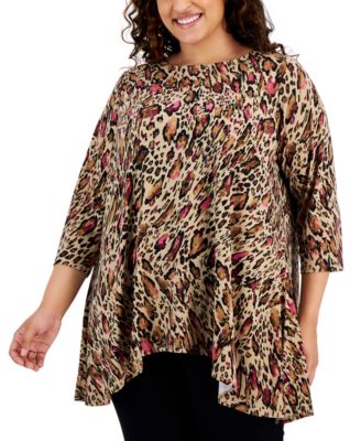 JM Collection - Plus Size Animal-Print Swing Top