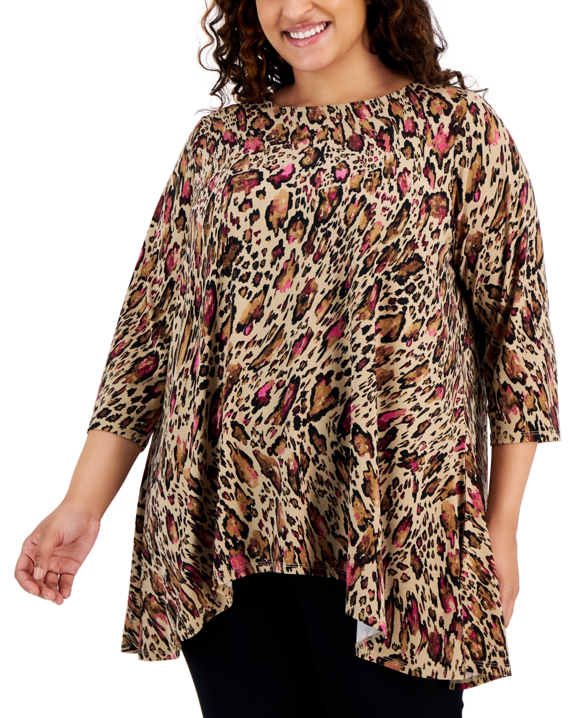 Jm Collection Plus Size Animal-print Swing Top, Created For Macy's In New Fawn Combo