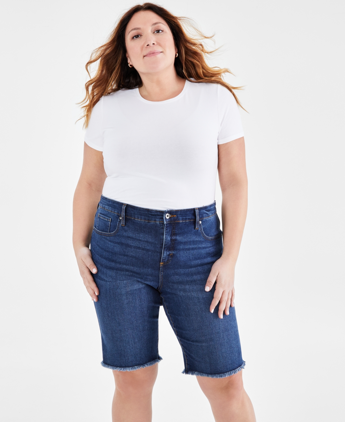 Plus Size Denim Raw-Edge Bermuda Shorts, Created for Macy's - Deep Black